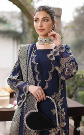 KAHF BLUE 3 LUXE UNSTITCHED EMBROIDERED